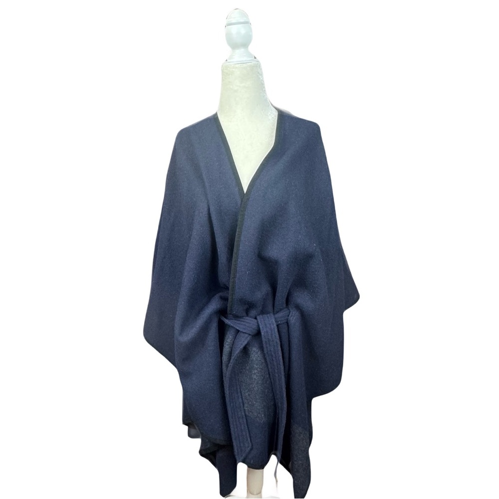 Ann Taylor wrap poncho w belt navy & grey w black trim wool blend one size cozy